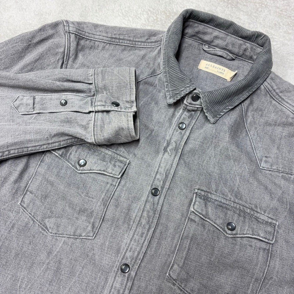 AllSaints Denim Western Shirt Corduroy Collar Gray Pearl Snap Pockets Mens XL